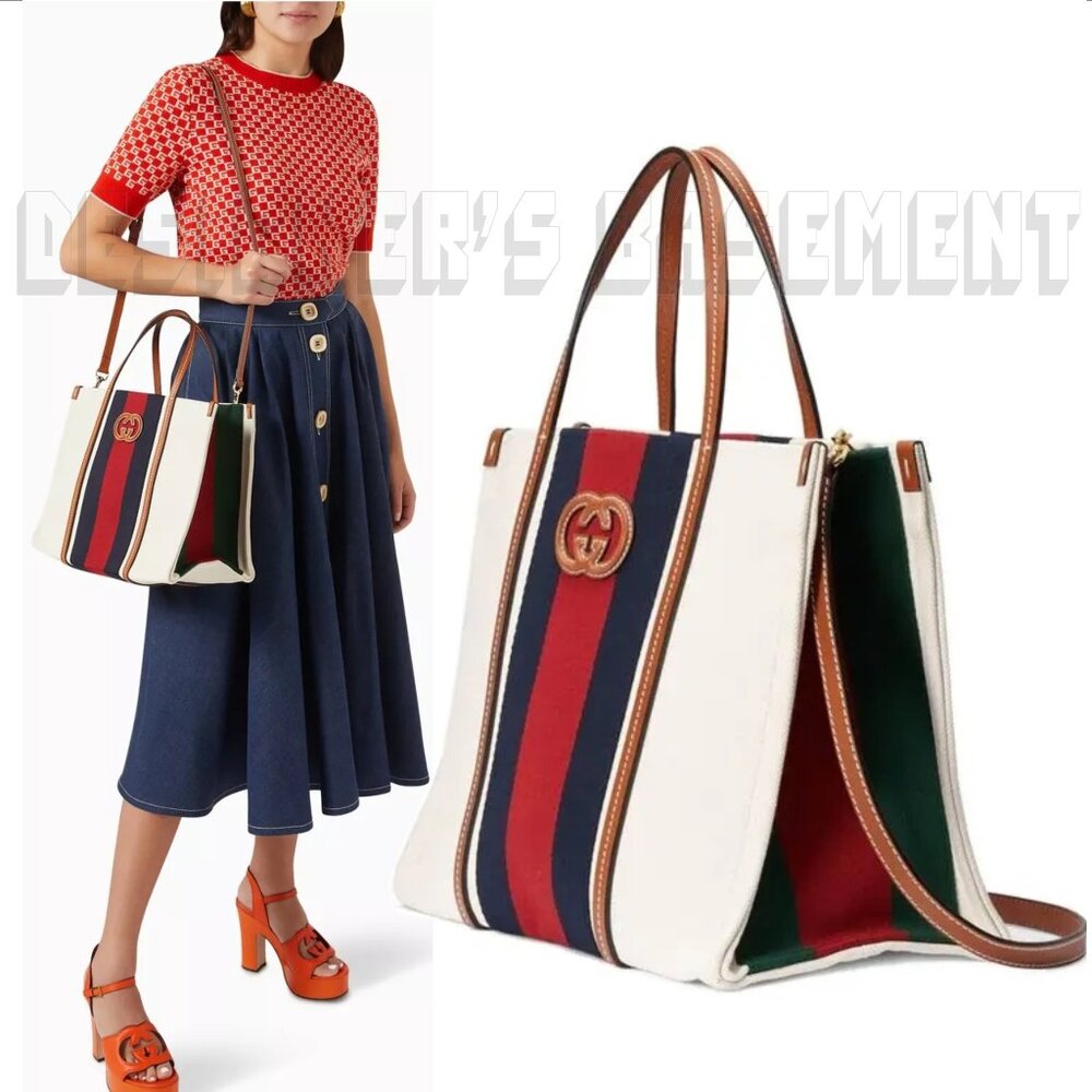 GUCCI white Canvas w/ cognac Leather Interlocking G WEB Medium Shopping Tote Bag